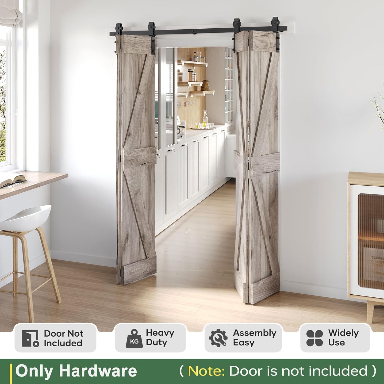Rustic wood finish bifold barn doors leading to a kitchen